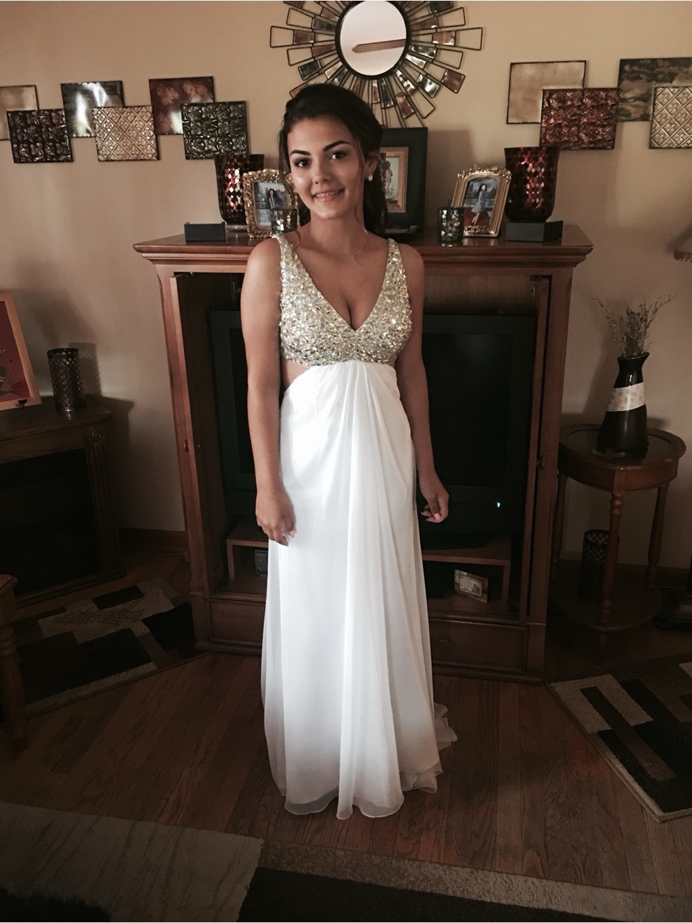 La Femme White Prom Gown with Silver Shiny Crystal Bodice